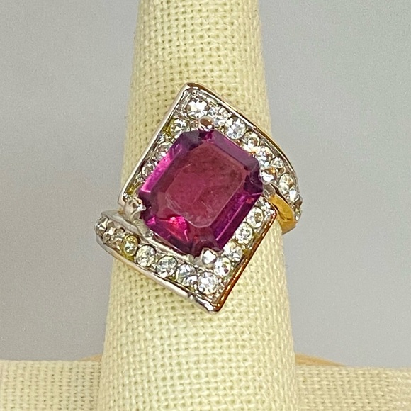 Vintage Jewelry - Vintage 18KGE Art Deco Style‎ Emerald Cut Amethyst Crystal Cocktail Ring SZ 7.25